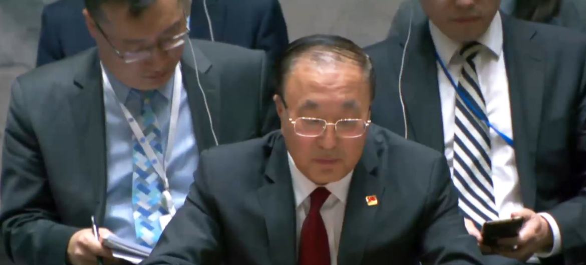 Permanent Representative of China and President of the Security Council Zhang Jun addressing the Council.